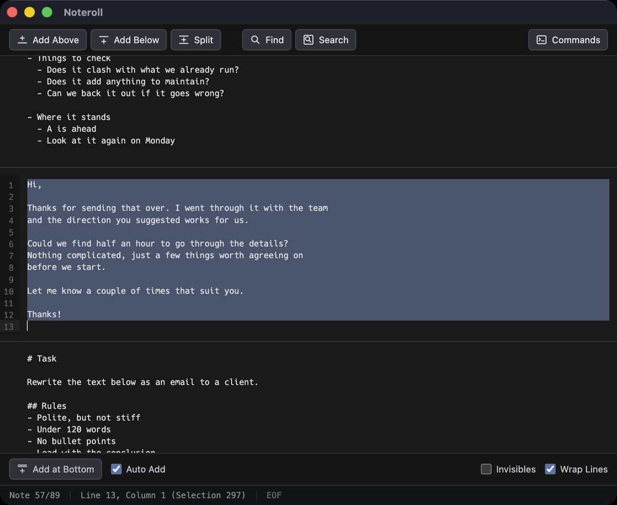 Select All highlighting only the middle note, with the notes above and below left untouched